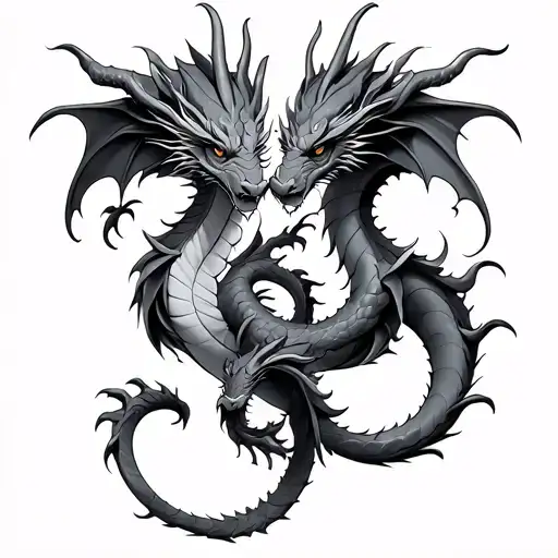 small twin dragons intertwined opposite colors vertical tattoo design idea