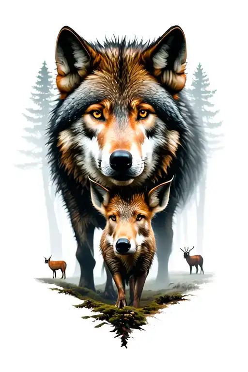 Gloomy forest with small hills, a big wolf in front, on the left sie a deer and on the right site a wild boar tattoo design idea