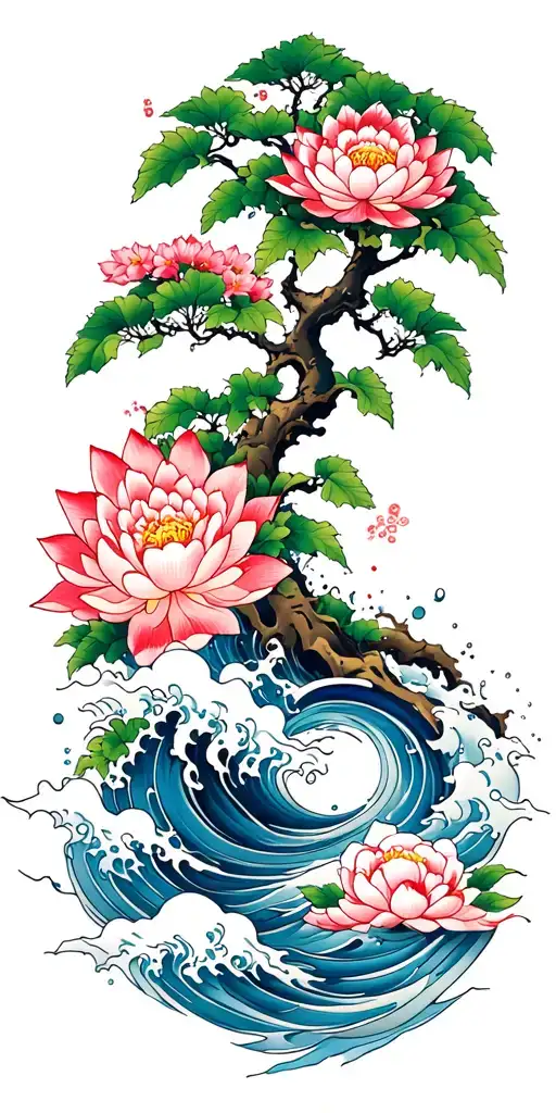 jaoanese pattern, tree, splash, water, waves, lotus, sakura, clouds, whirlpool, leaves, peony, sunset tattoo design idea