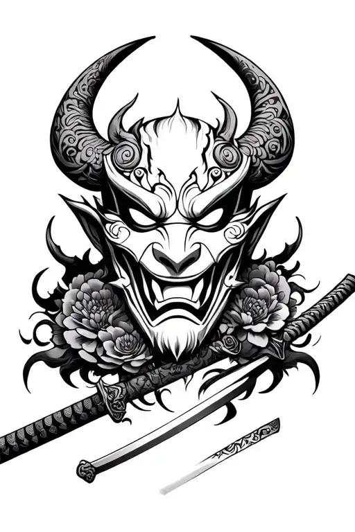 oni mask katana representing overcoming your demons tattoo design idea