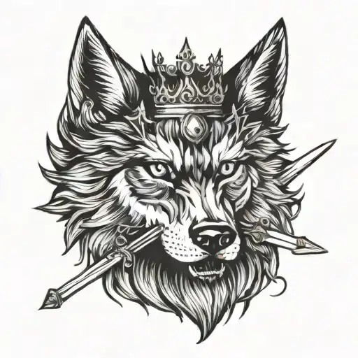 A wolf with a sword in its mouth and a crown on its head tattoo design idea