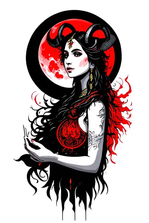 Aries Goddess holding red moon tattoo design idea