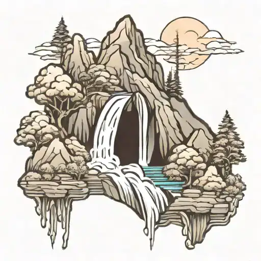 Mountains and waterfall  tattoo design idea