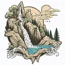 Mountains and waterfall  tattoo design idea