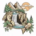 Mountains and waterfall  tattoo design idea