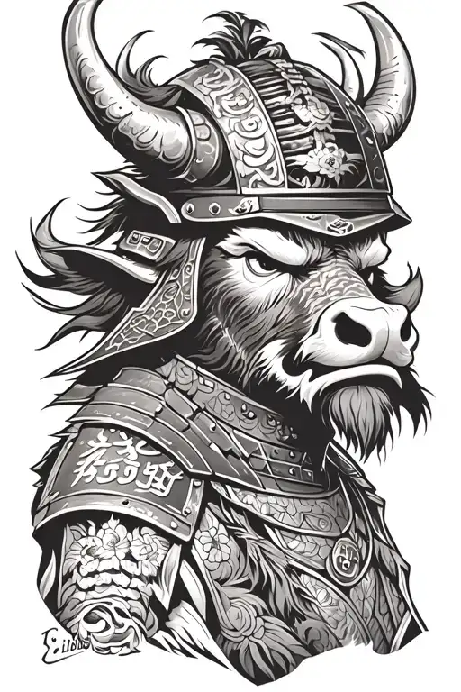 "Elias" Chinese ox wearing angry japanese samurai helmet adorned tattoo design idea