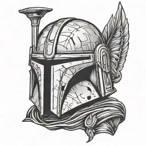 Mandalorian helmet with Notts county badge intertwined tattoo design idea