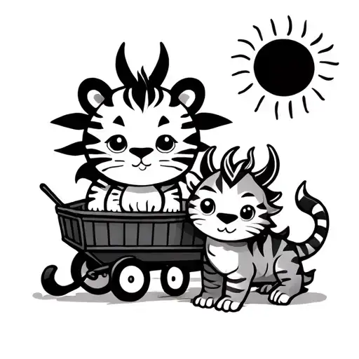 small cute cartoon tiger and dragon with a sun and cart tattoo design idea