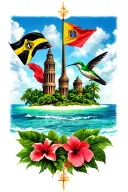 Trinidad island with flags compass twin towers steel pan masqueraders humming bird and hibiscus  tattoo design idea
