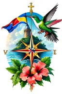 Trinidad island with flags compass twin towers steel pan masqueraders humming bird and hibiscus  tattoo design idea