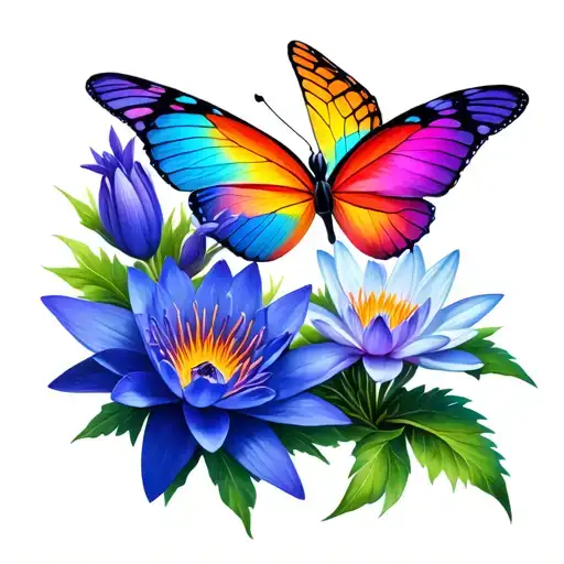2 butterflies with larkspur & waterlily blooming tattoo design idea