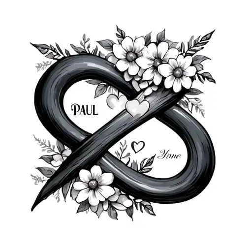 infinity sign incorporated with name Paul with flowers and hearts tattoo design idea
