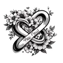 infinity sign incorporated with name Paul with flowers and hearts tattoo design idea