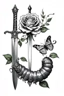 Belly tattoo: middle a sword on the left an open and a rose that is too, on the right a caterpillar that becomes a butterfly tattoo design idea