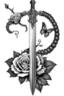 Belly tattoo: middle a sword on the left an open and a rose that is too, on the right a caterpillar that becomes a butterfly tattoo design idea