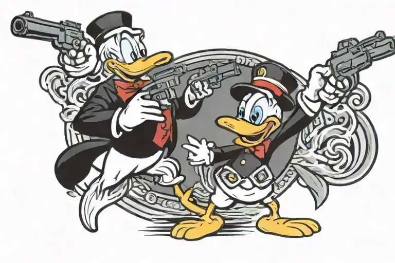angry Donald Duck and guns tattoo design idea