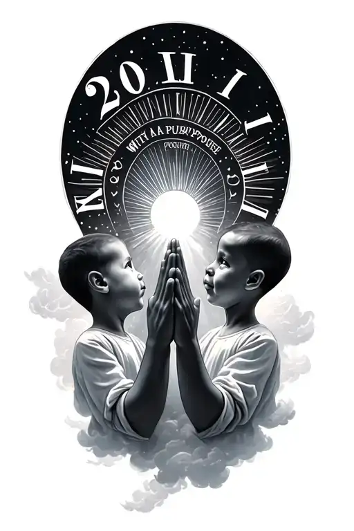  clouds with 2009 BABY WITH A PURPOSE AND POWER in roman numerals with sun rays and prayer hand holding BROTHERS tattoo design idea