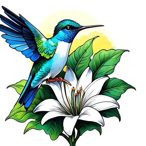 blue hummingbird drinking from a white lily flower tattoo design idea