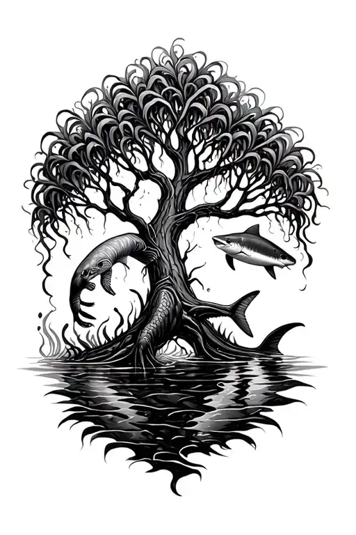 tree of life but chain bladder kelp. inside the kelp have 1 giant see bass. 1 sea otter. 1 leopard shark. 1 sea turtle tattoo design idea