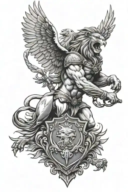 A black-grey tattoo of a warrior holding a shield with a lion and eagle crest, symbolizing strength and courage in the face of adversity tattoo design idea
