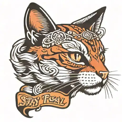 cat " stay feral" in banners tattoo design idea