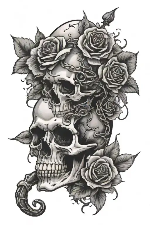 Dagger going through a skull with a snake wrapping around it and withered roses around it tattoo design idea
