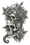 Dagger going through a skull with a snake wrapping around it and withered roses around it tattoo design idea