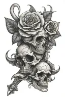 Dagger going through a skull with a snake wrapping around it and withered roses around it tattoo design idea
