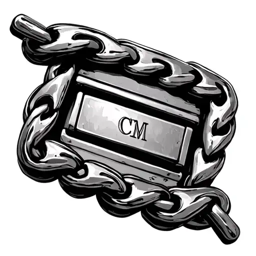 metal chain and its snapped in the middle  and in the middle is a mail slot with the ingraving called CM tattoo design idea