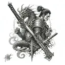 samurai sword,mystical,pair,heart fingerprint,samurai,dragon,mysterious,modern style tattoo design idea