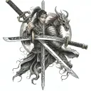 samurai sword,mystical,pair,heart fingerprint,samurai,dragon,mysterious,modern style tattoo design idea