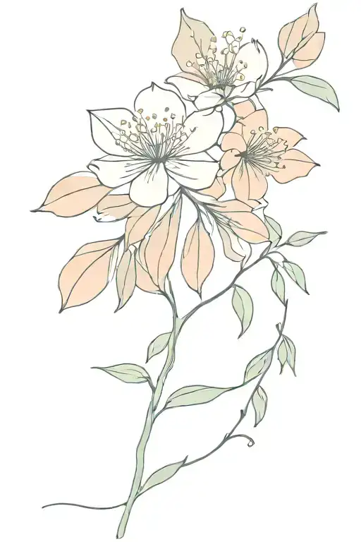 eucalyptus leaves and peach flowers blooming tattoo design idea