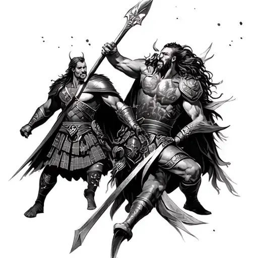 scottish warrior mid battle scene between Thor tattoo design idea