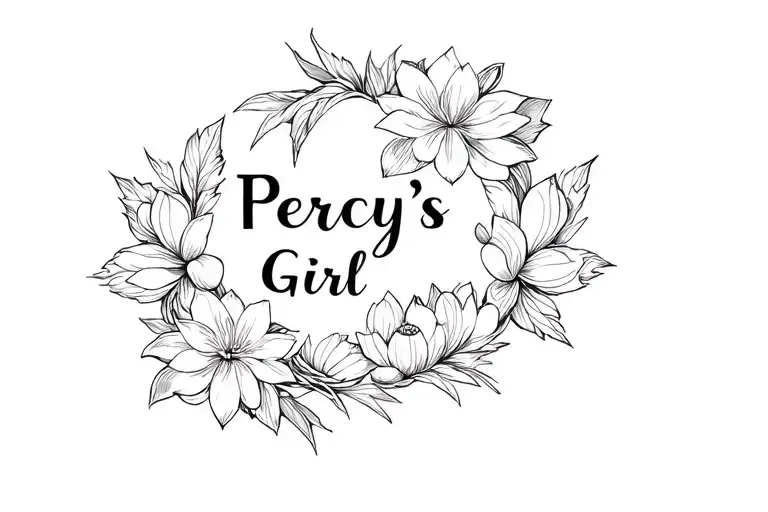 "Percy's Girl" in pretty cursive font with lotus flowers around the words tattoo design idea