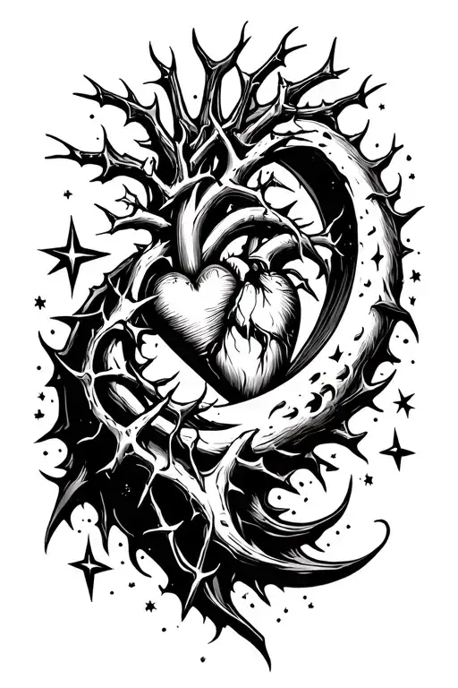 thorn crowned heart melting into a moon surrounded by stars tattoo design idea