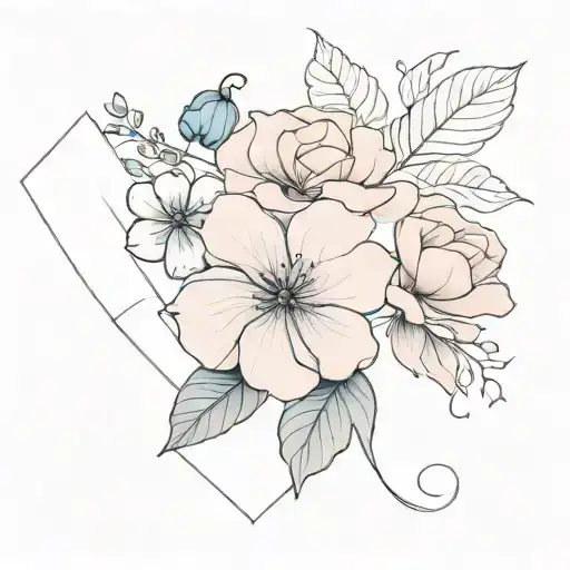 "Delicate micro tattoo of blue and pink hydrangeas, a single black rose, and fluttering book pages carried by the wind,  tattoo design idea