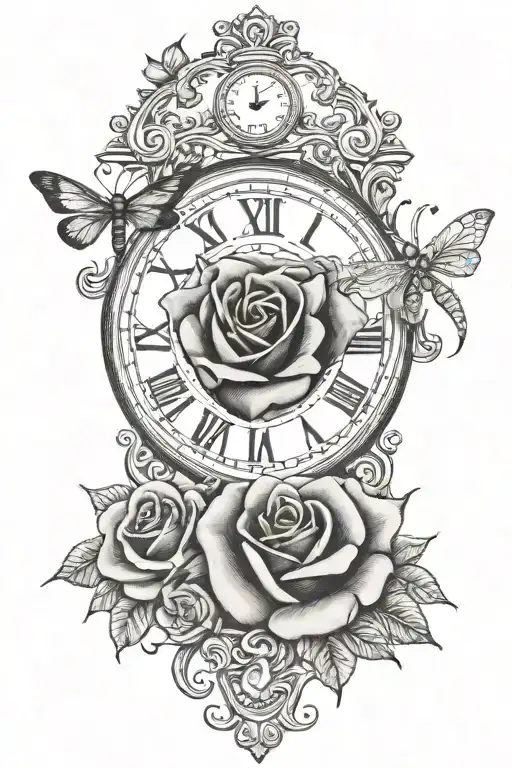 Roses, Dragonflies, Heart shaped Clock, The name "Nana" tattoo design idea
