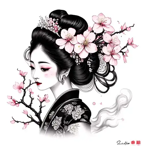 Japanese Geisha with cherry blossom flowers with smoke background tattoo design idea