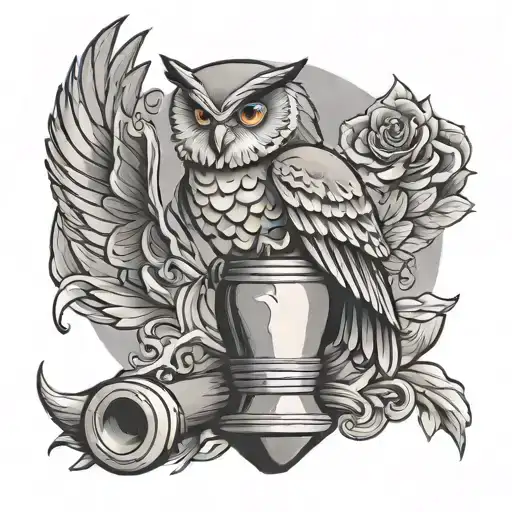 bowling pin and owl perched atop a stack tattoo design idea
