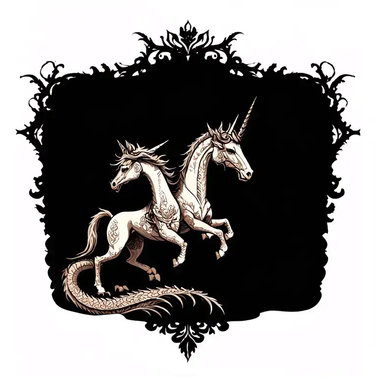 midieval dragon beside a mythical unicorn full body tattoo design idea