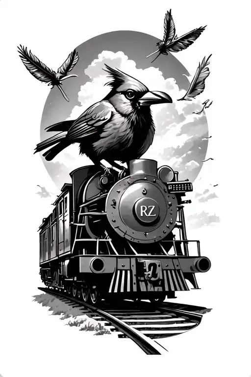 cardinal riding a train playing the harmonica with feathers flying around and the initials RZ somewhere in the picture tattoo design idea