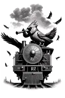 cardinal riding a train playing the harmonica with feathers flying around and the initials RZ somewhere in the picture tattoo design idea