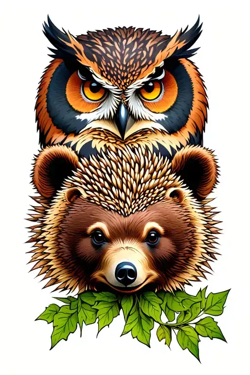 Make a tattoo design, neo-traditional, in colour, with the heads of an owl, a brown bear and a hedgehog stacked on top o tattoo design idea