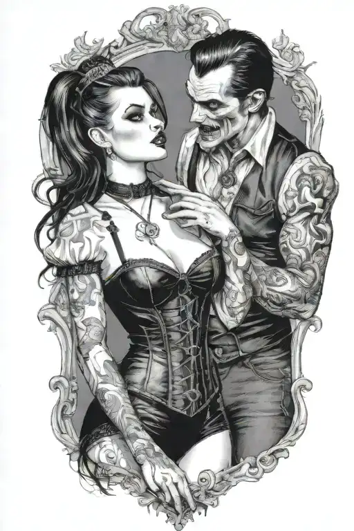 realistic scene of a gothic pinup girl waering corset and fishnets being bitten by a scary male vampire tattoo design idea