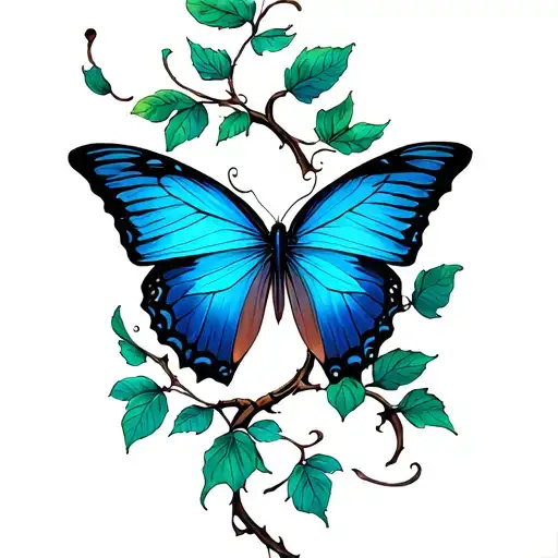 blue butterfly on a vine wrapping tattoo design idea
