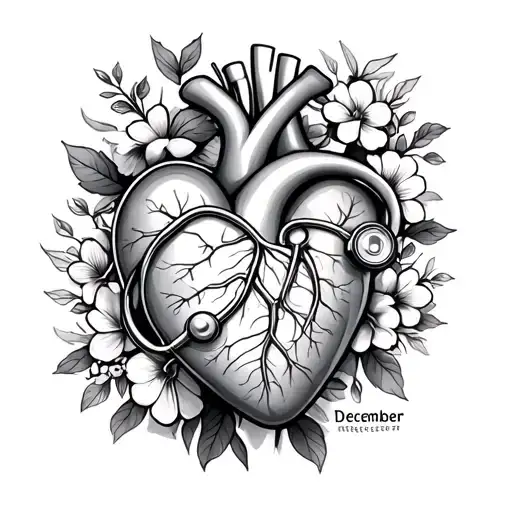 anatomical heart, stethoscope, May and December flowers, Registered Nurse tattoo design idea