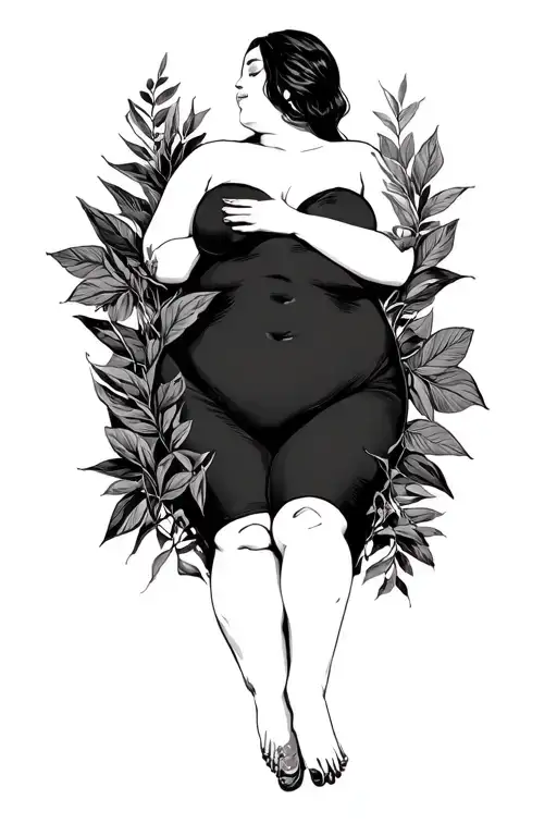 nude bbw chubby white girl frontal side laying pose in foliage black and grey hands and feet hidden tattoo design idea