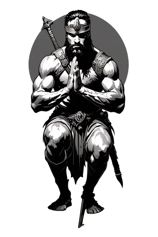 Side profile, Spartin warrior on one knee while praying with weapon by side before battle. tattoo design idea