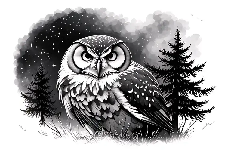 Owl and trees night sky filled with stars tattoo design idea