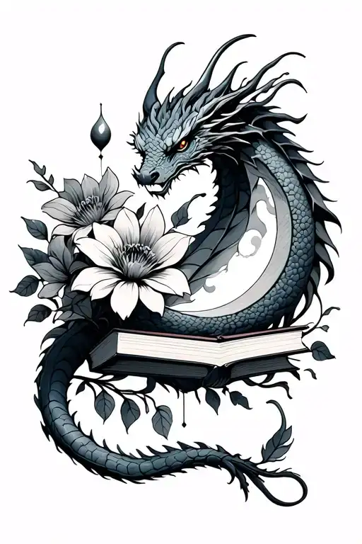 dragon books flowers moon tattoo design idea